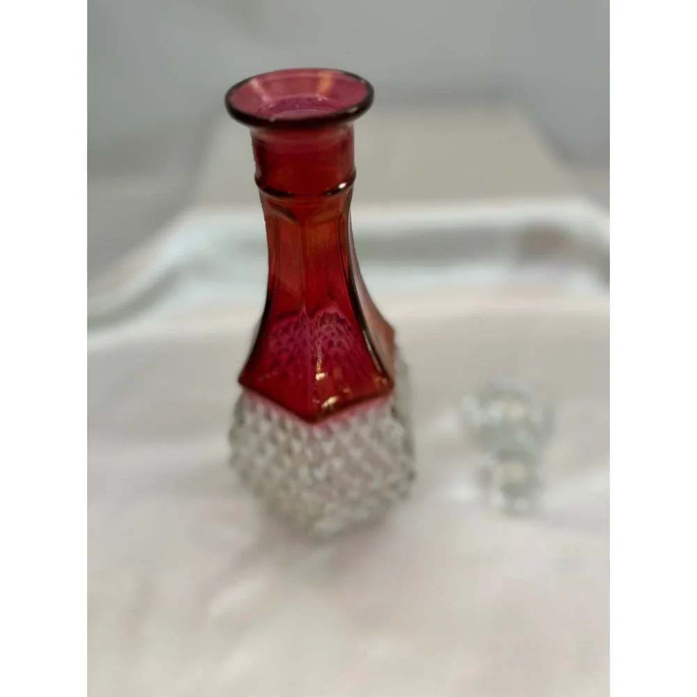 Vintage Kings Crown Ruby Flash Glass Decanter‎ with Stopper 12 Inch Hexagonal